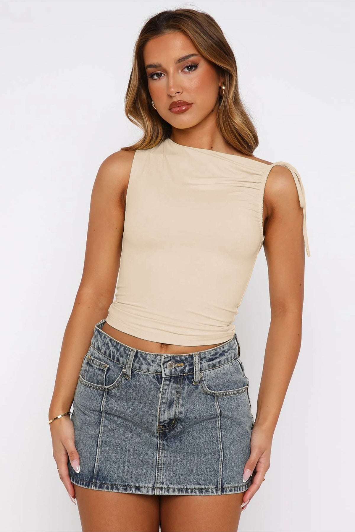 Silhouette Asymmetric Tie Shoulder Top