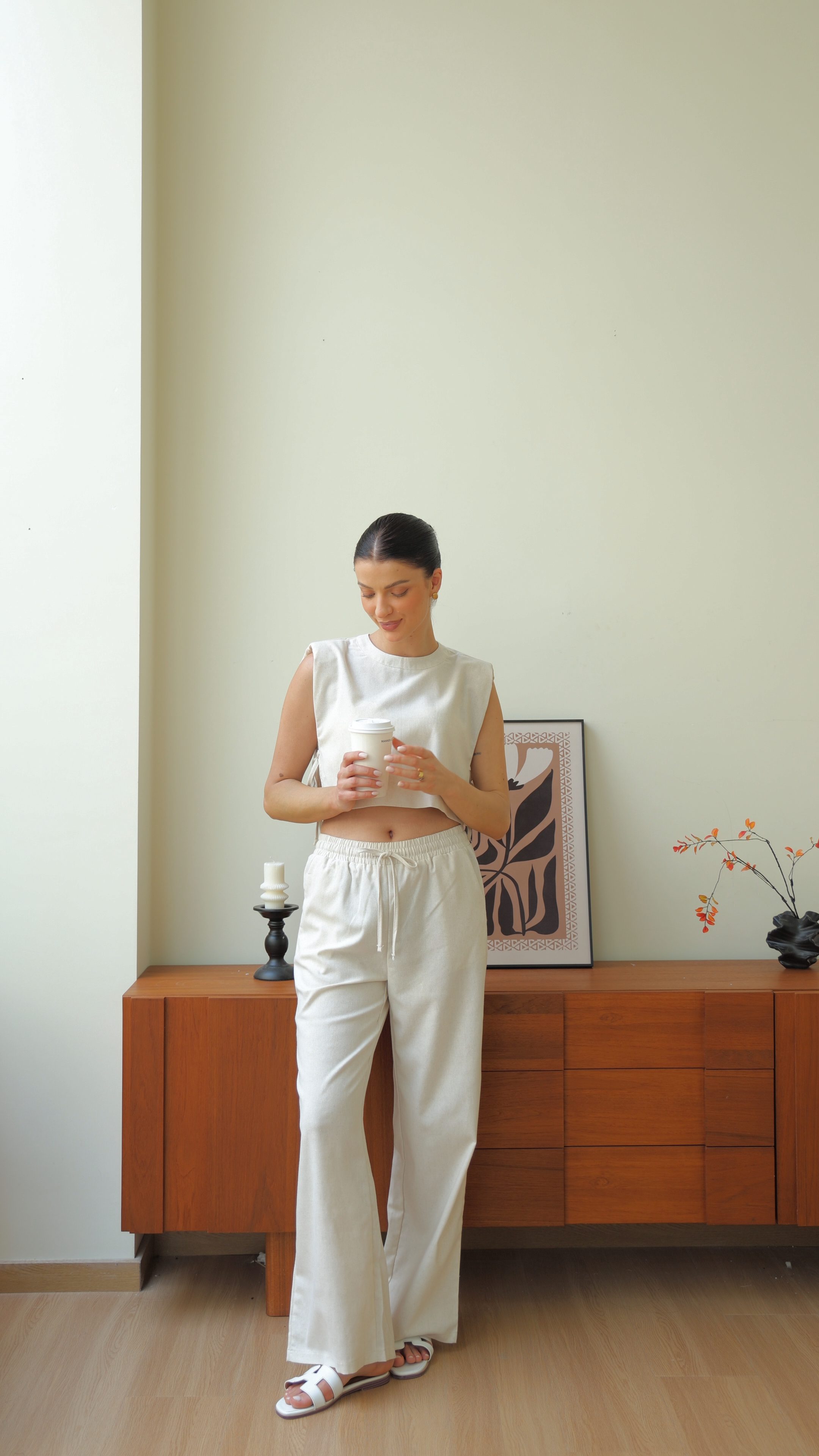 Beige Chic Casual Crop Top and Wide Leg Pants