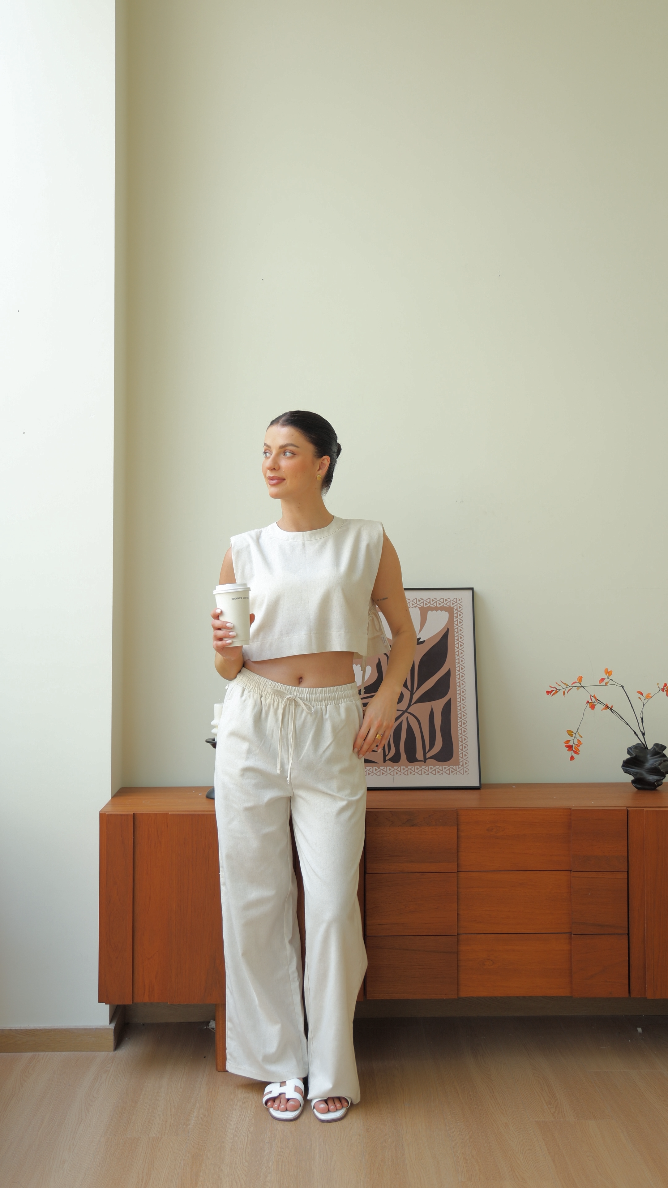 Beige Chic Casual Crop Top and Wide Leg Pants