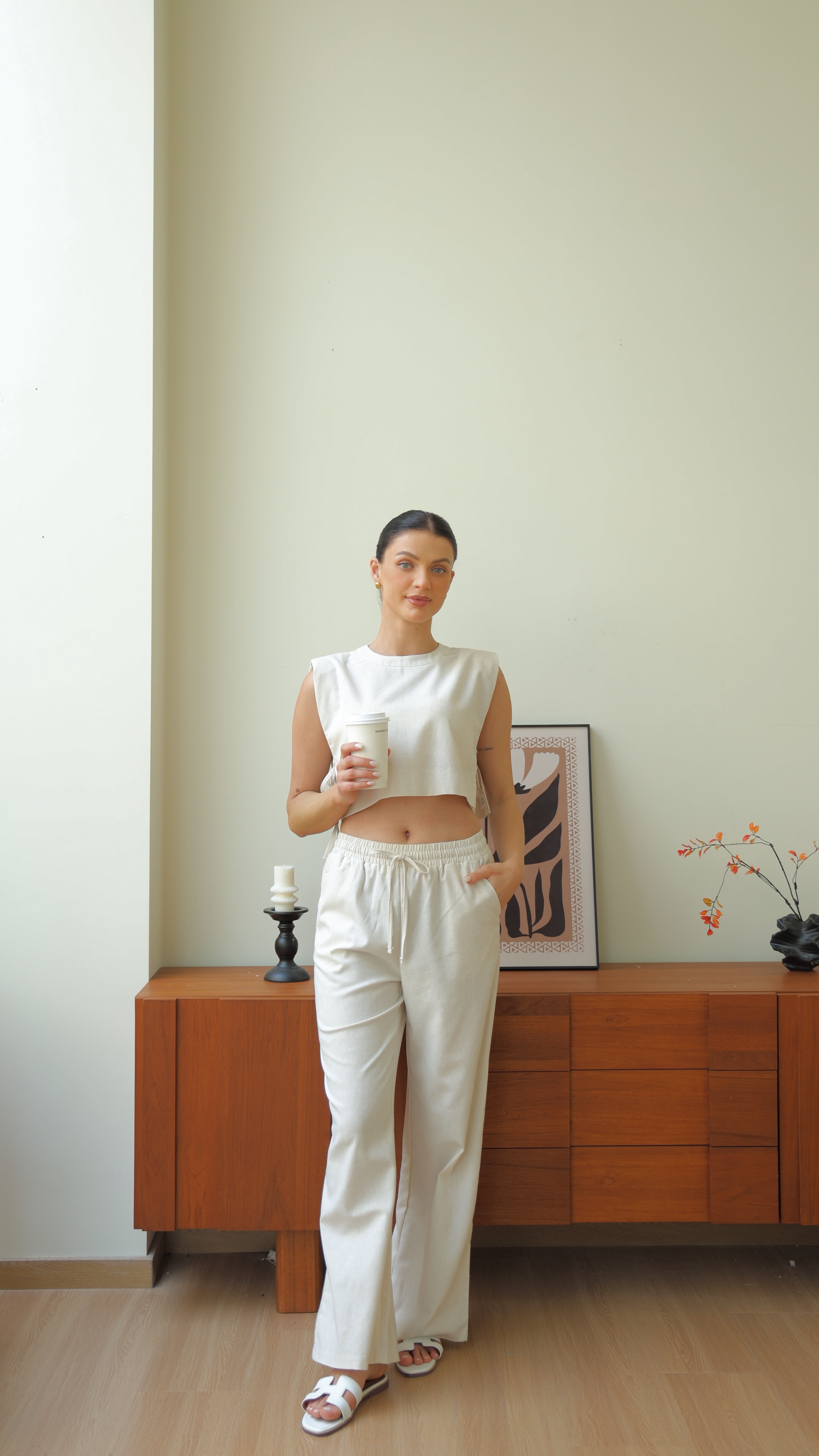 Beige Chic Casual Crop Top and Wide Leg Pants