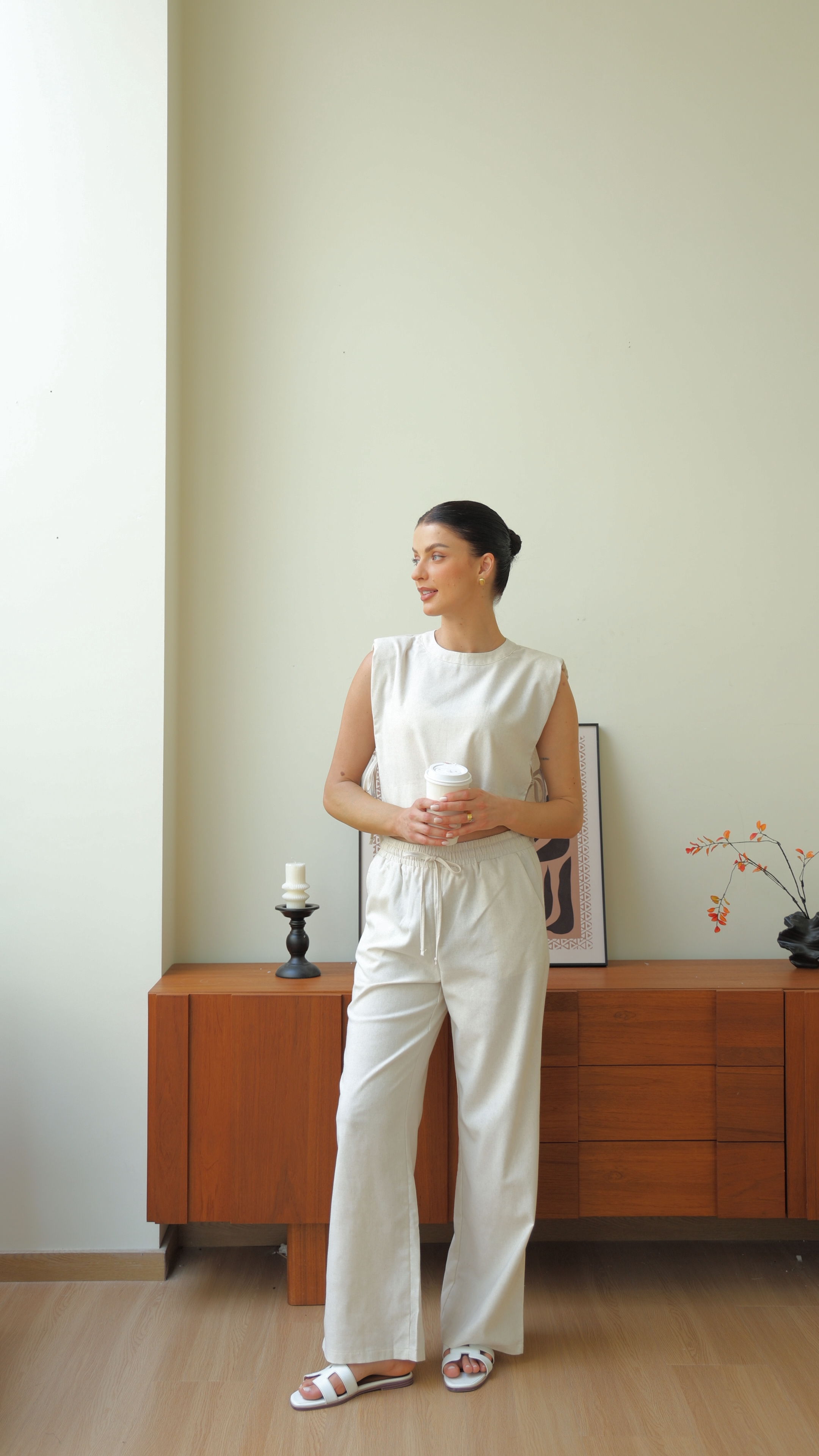 Beige Chic Casual Crop Top and Wide Leg Pants