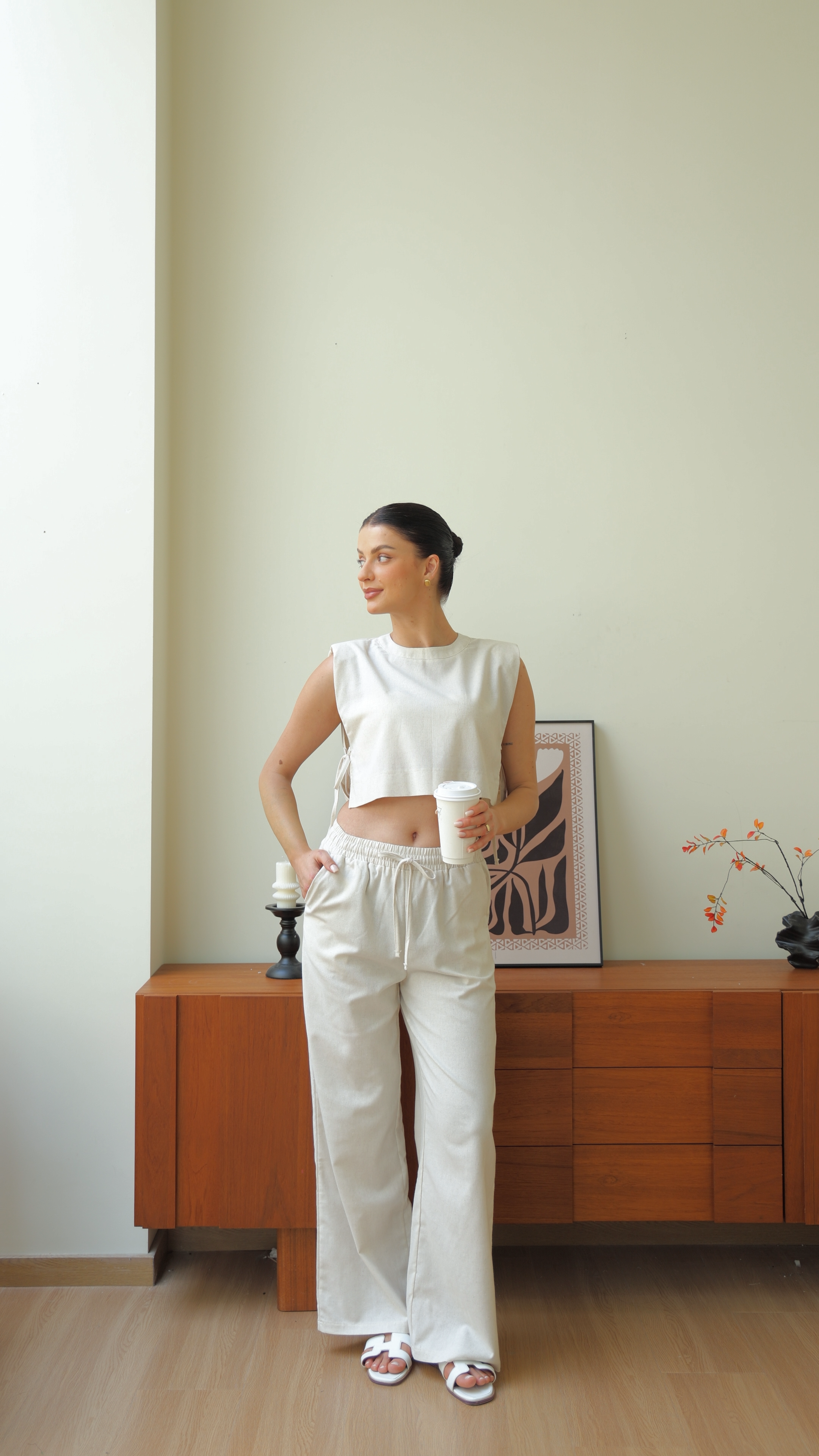 Beige Chic Casual Crop Top and Wide Leg Pants