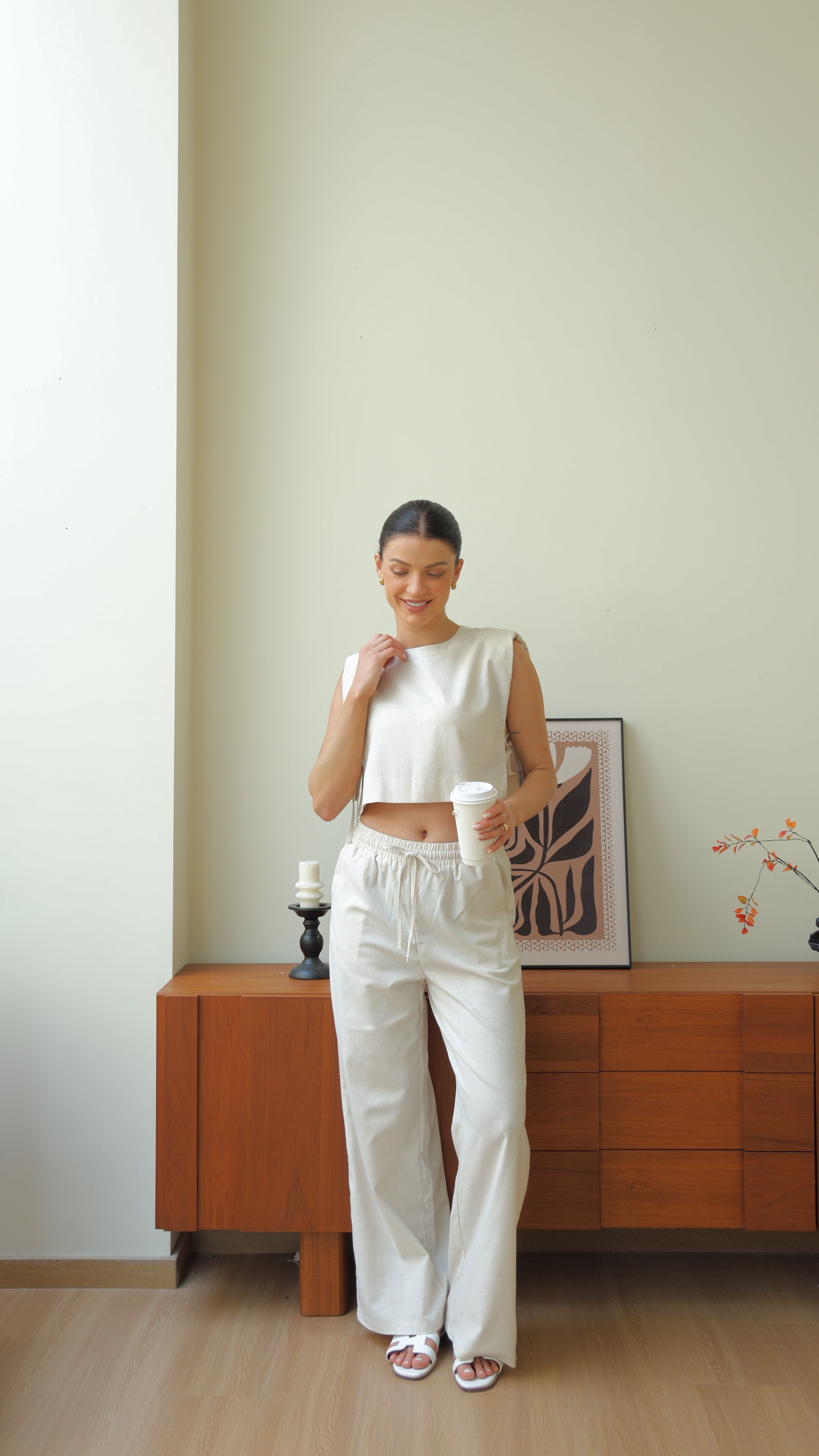 Beige Chic Casual Crop Top and Wide Leg Pants
