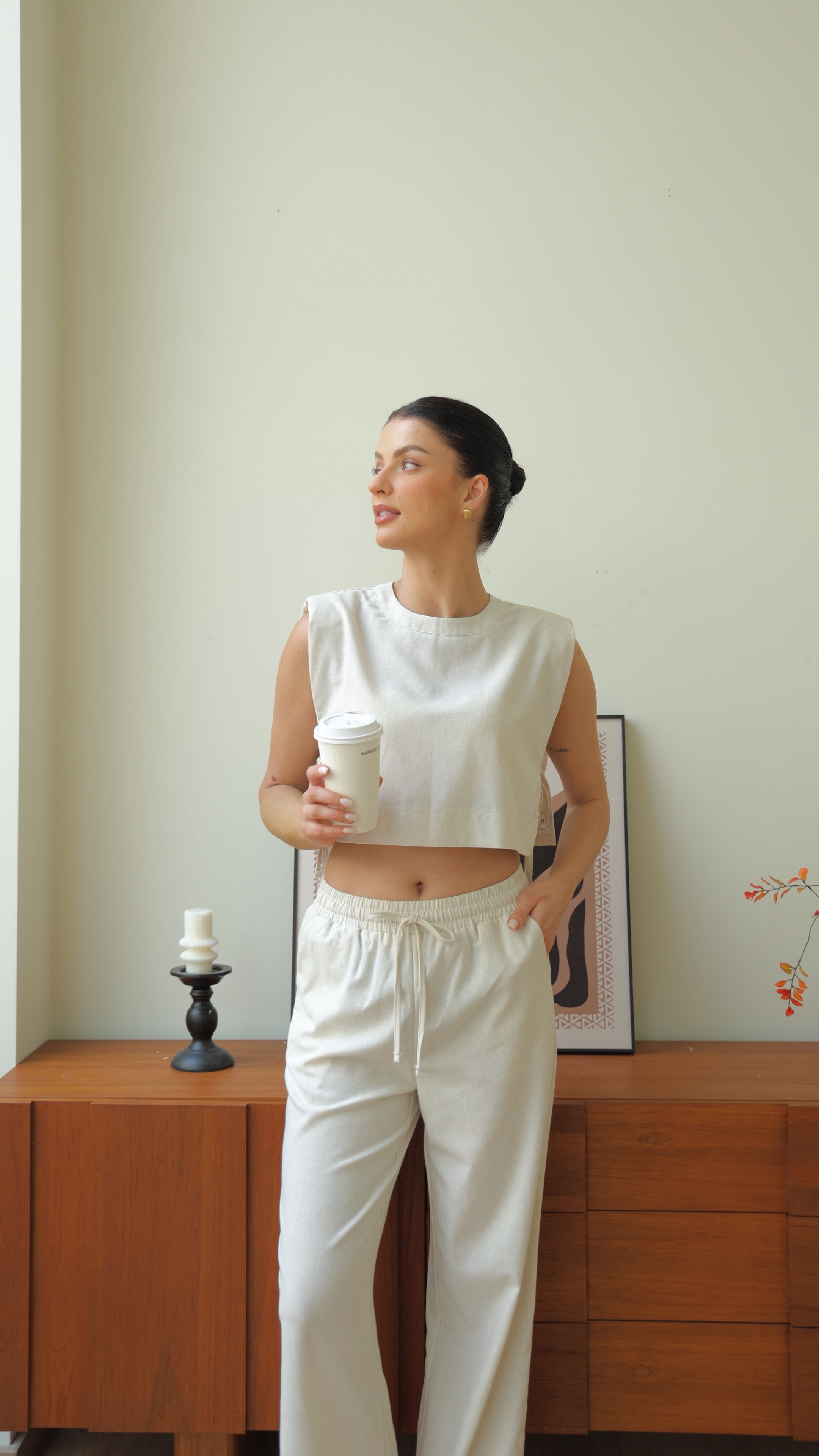 Beige Chic Casual Crop Top and Wide Leg Pants