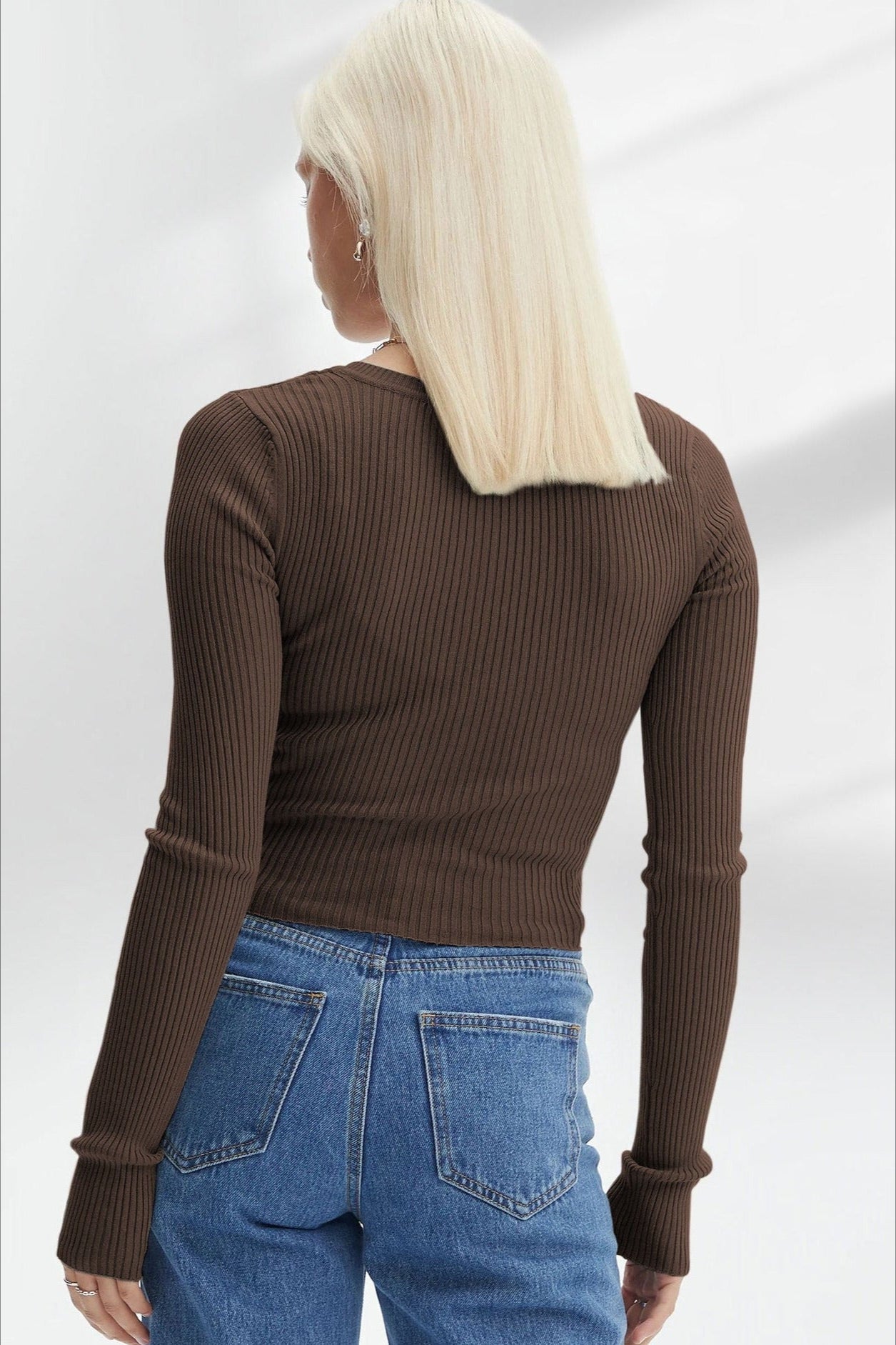 Braunes Elegantes Langarm-Strickshirt mit V-Ausschnitt