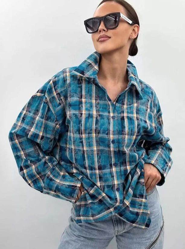 Blue Plaid Long Sleeve Loose Shirt