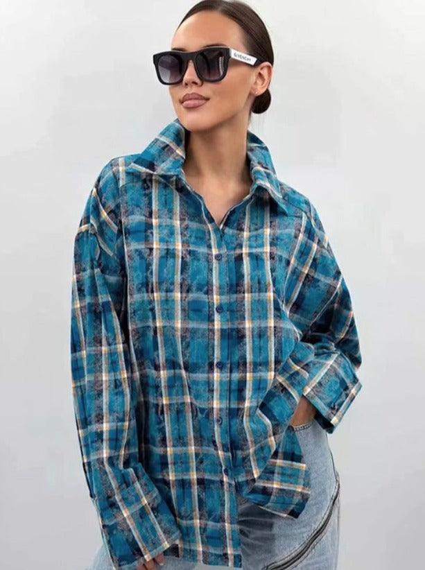 Blue Plaid Long Sleeve Loose Shirt