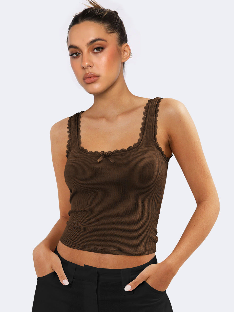 Braunes ärmelloses Crop-Top aus Tanktop mit Spitze