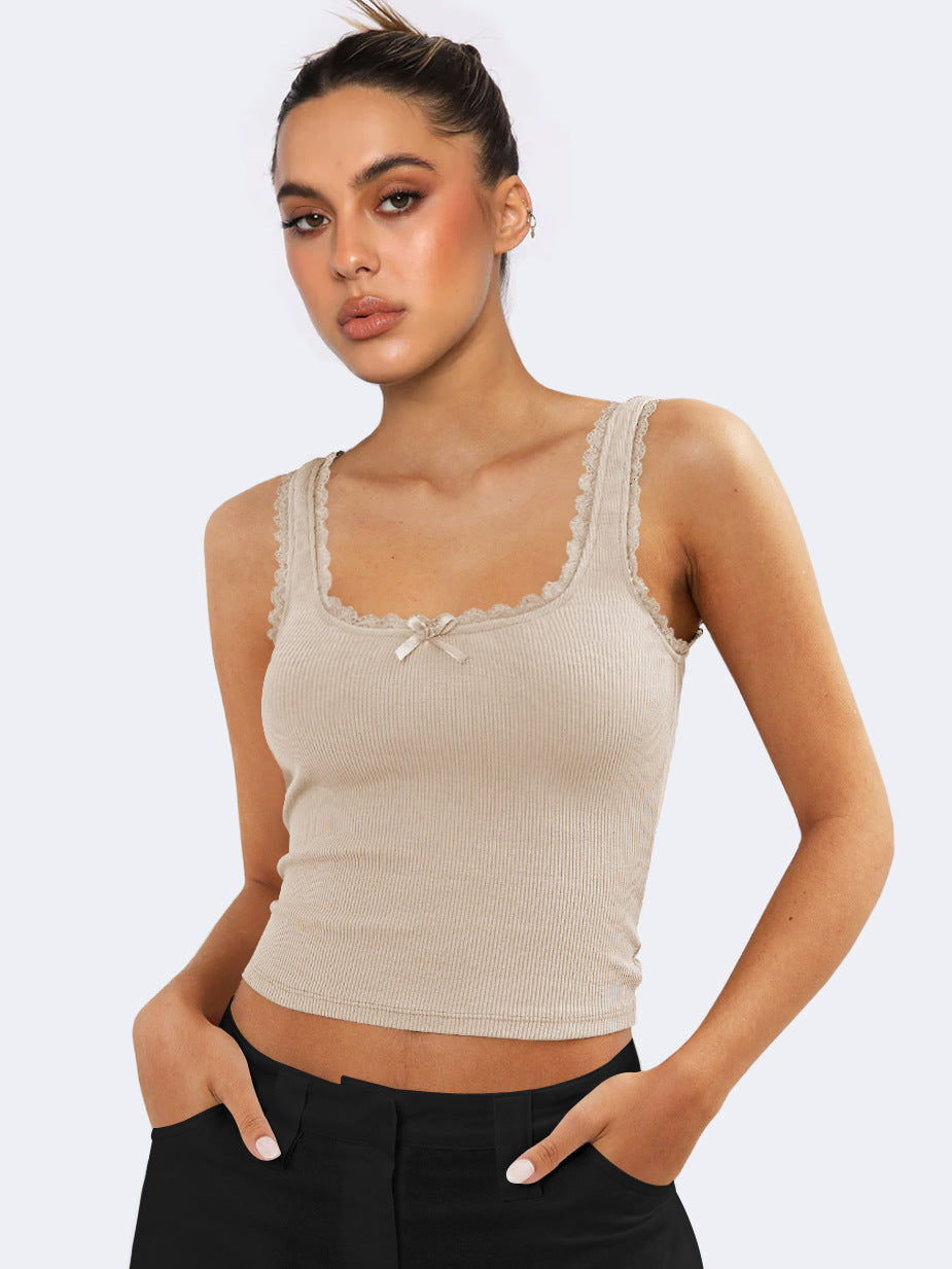 Beiges ärmelloses Crop-Top aus Spitze