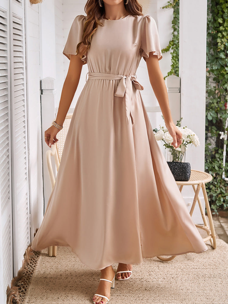 Damen Beige Maxikleid mit Schlitz und Gürtel, Elegantes Kleid Hochzeitsgast, Festliches Kleid mit Kurzarm