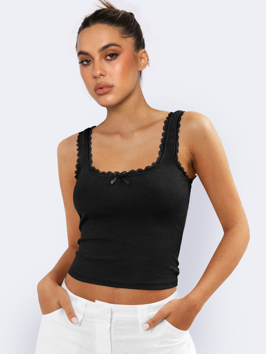 Schwarzes ärmelloses Crop-Top aus Spitze