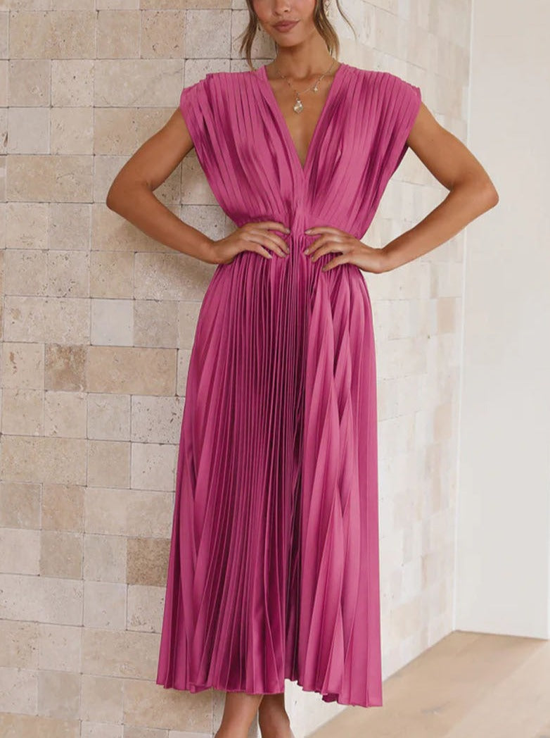 Rose Red Casual V-Neck Pleated Dress