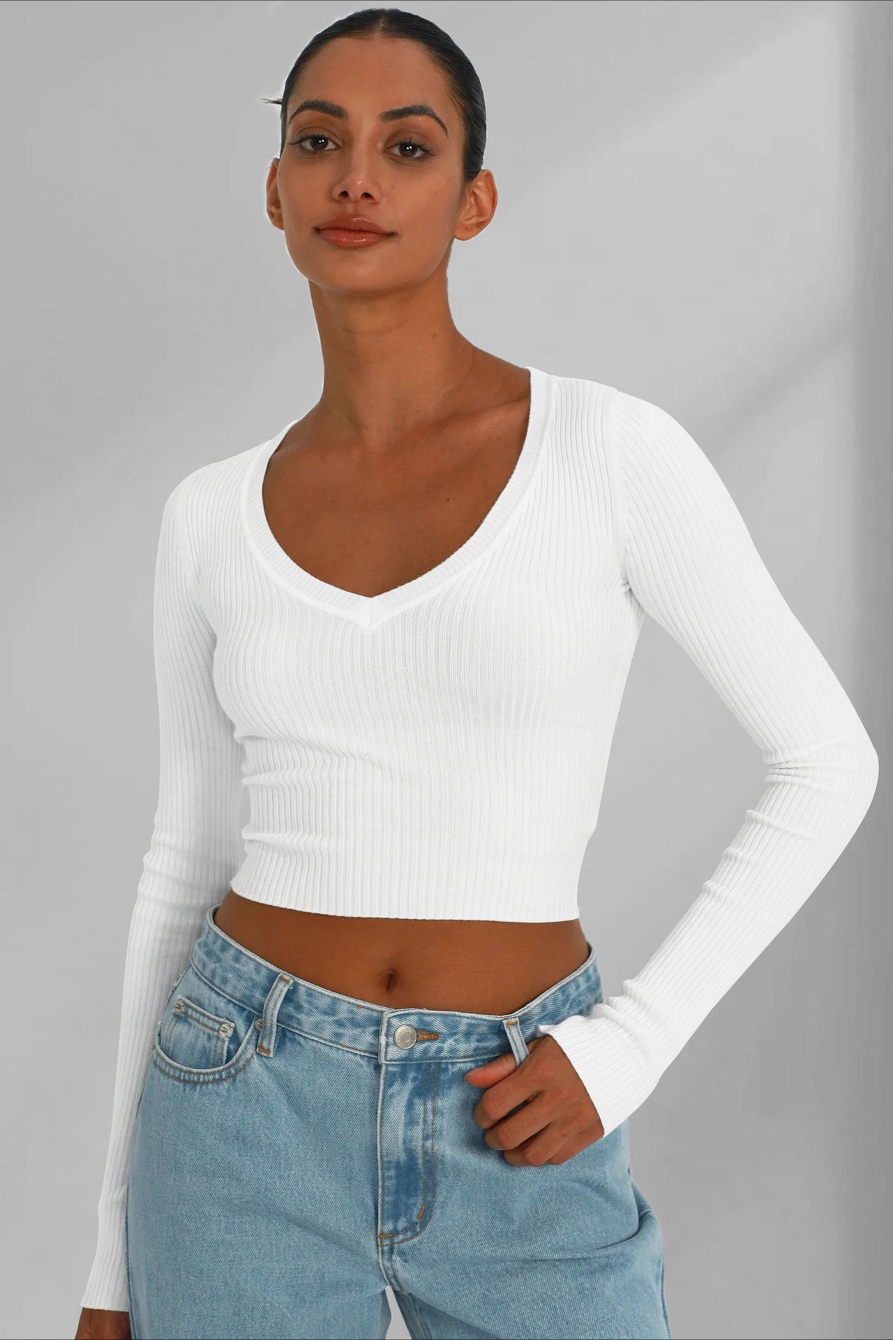 Elegantes Langarm-Strickshirt mit V-Ausschnitt