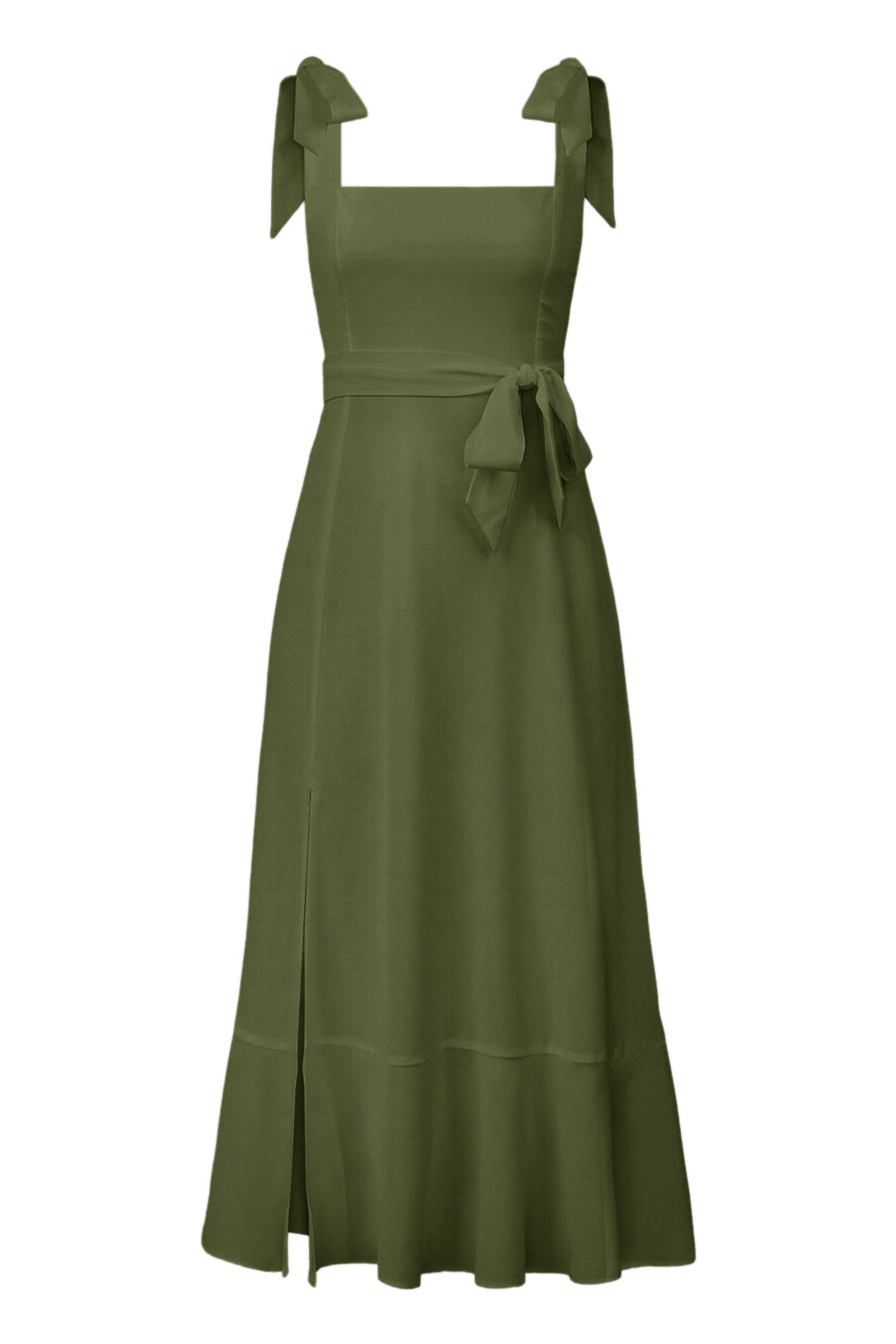 High-End-Kleid in Armeegrün mit eckigem Ausschnitt und Schlitz
