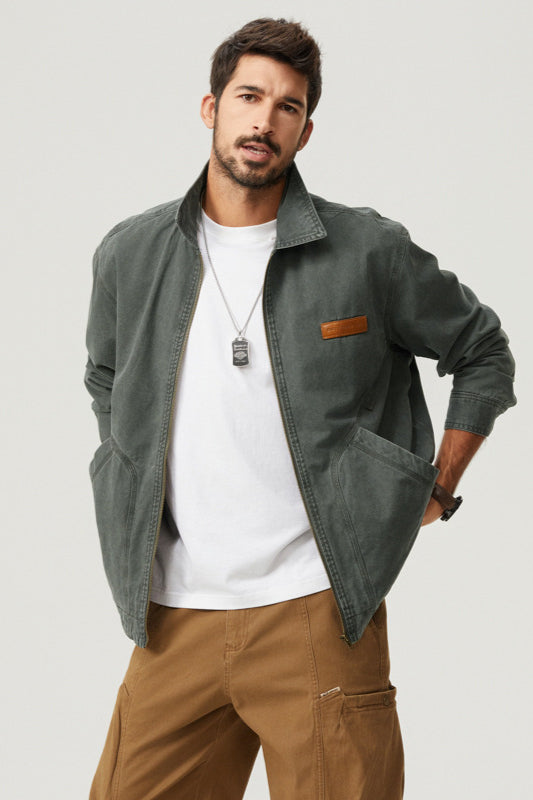 Herren Canvas Jacke lässig robust Reißverschluss praktische Taschen vielseitig