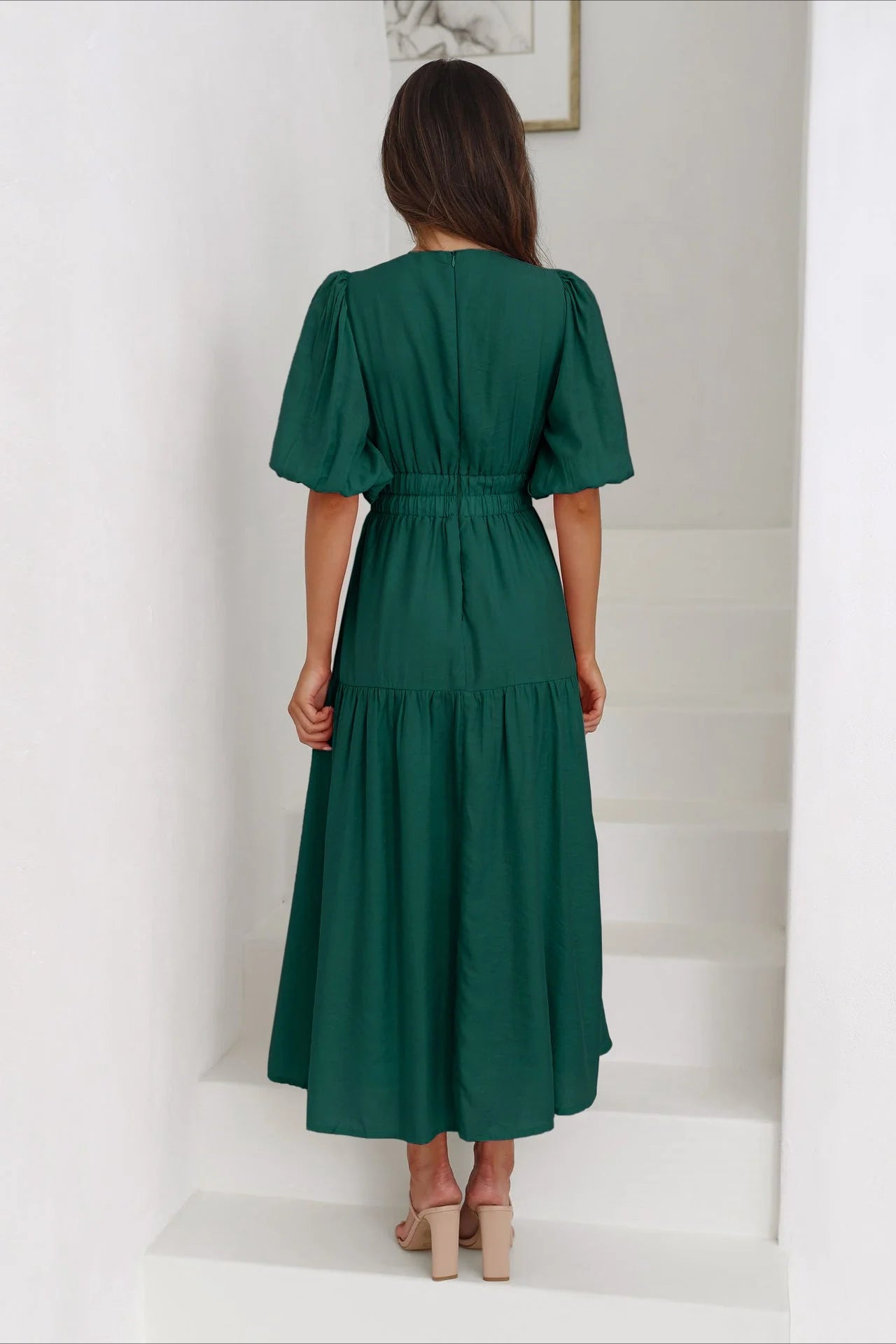 Dark Green Deep V-Neck Puff Sleeve Layered Dress