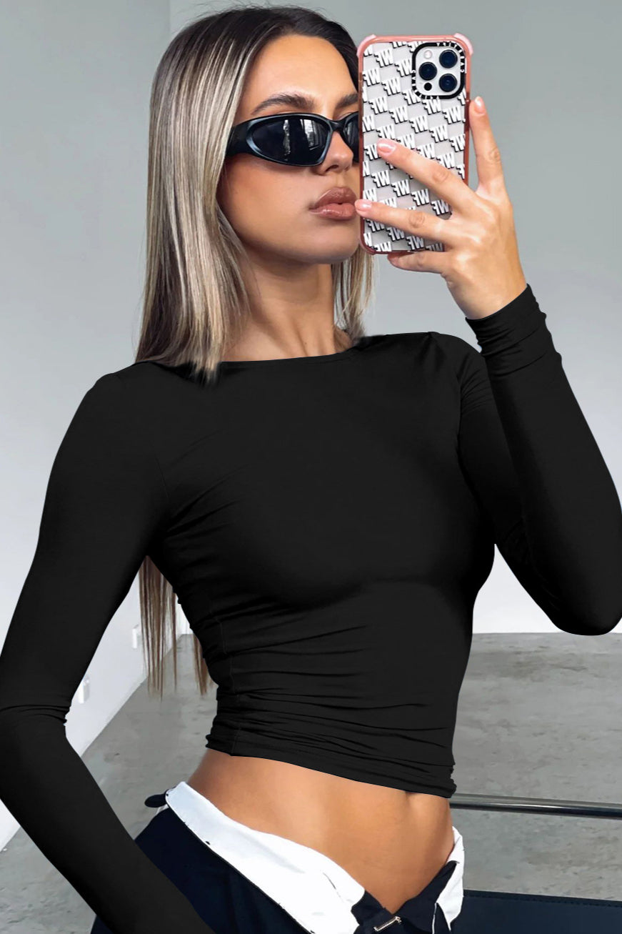 Eleganter, schmaler, langärmliger Crop-Top-Pullover für Damen