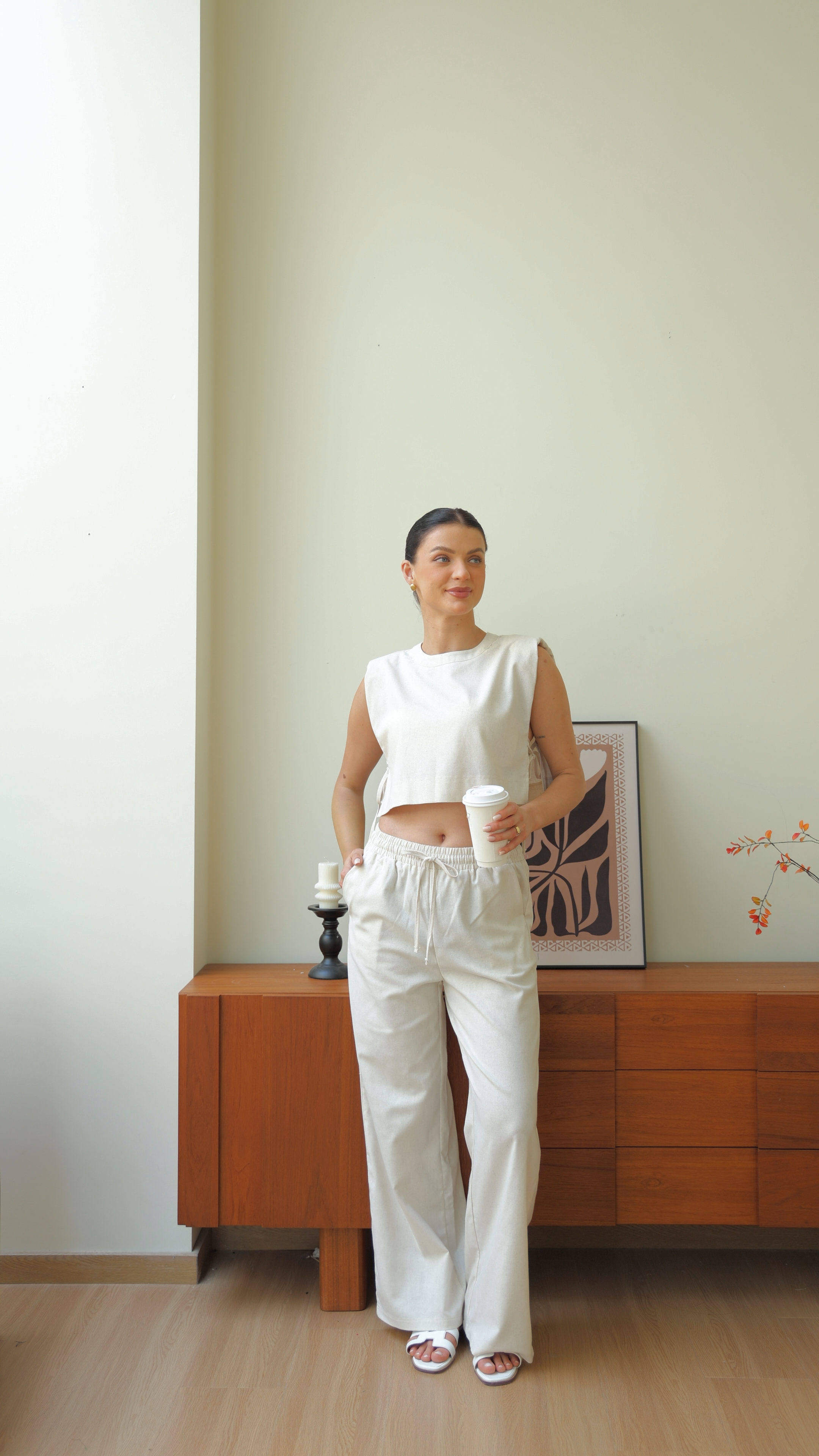 Beige Chic Casual Crop Top and Wide Leg Pants