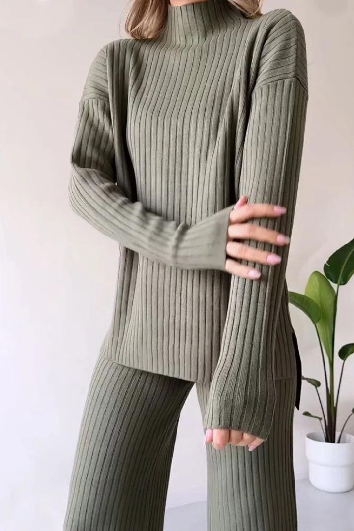 2 Piece Casual Long Sleeve Ribbed Knitted Lounge Set