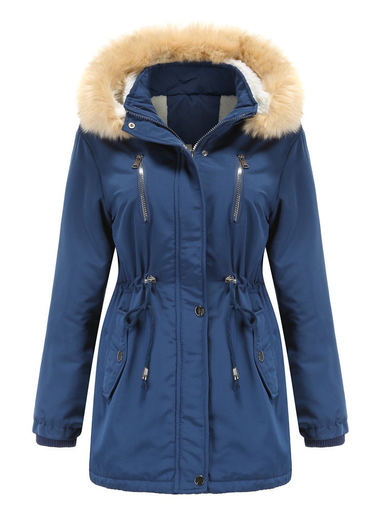 Warme Damen Winterjacke Mit Fellkapuze – Gefütterte Parka Jacke Mit Taillenzug