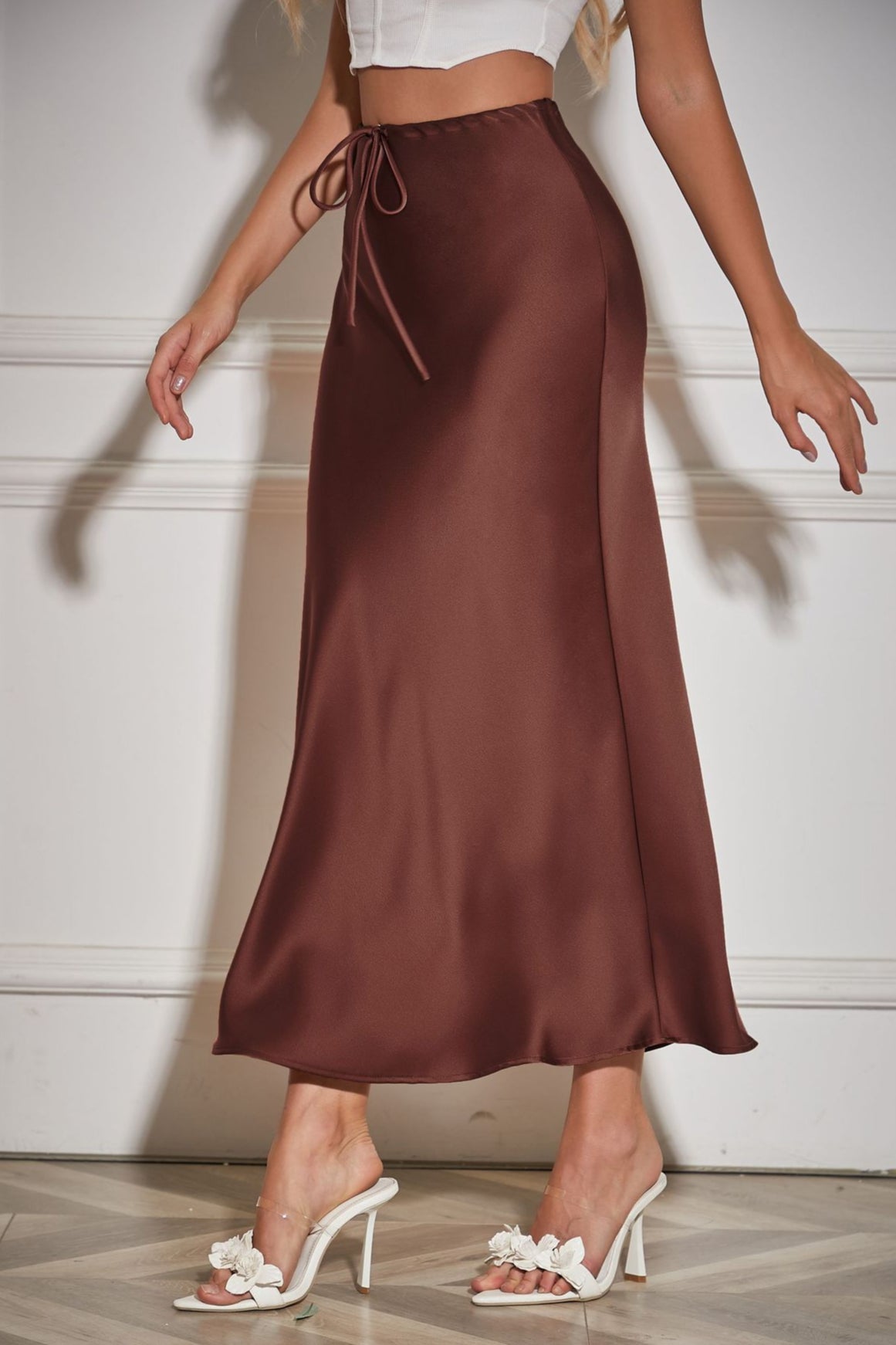 Elegant Mocha Tie Waist Maxi Skirt