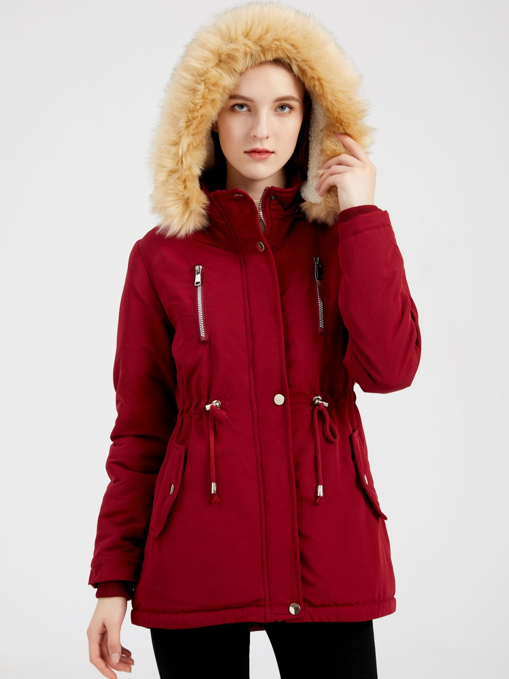 Warme Damen Winterjacke Mit Fellkapuze – Gefütterte Parka Jacke Mit Taillenzug