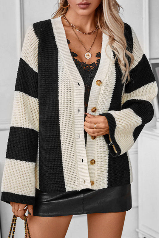 Classy V-Neck Buttoned Stripes Long Sleeve Cardigan