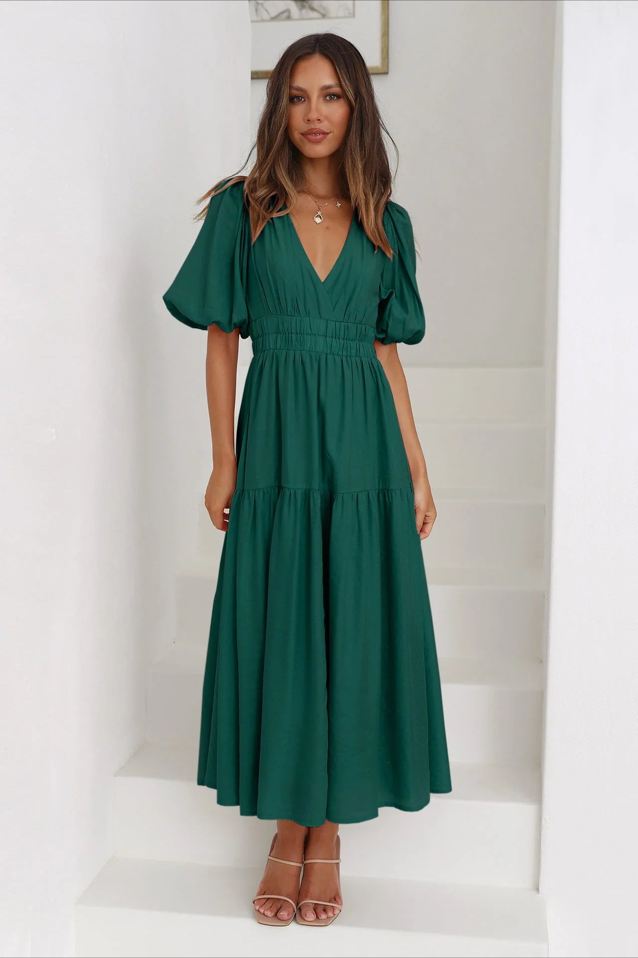 Dark Green Deep V-Neck Puff Sleeve Layered Dress