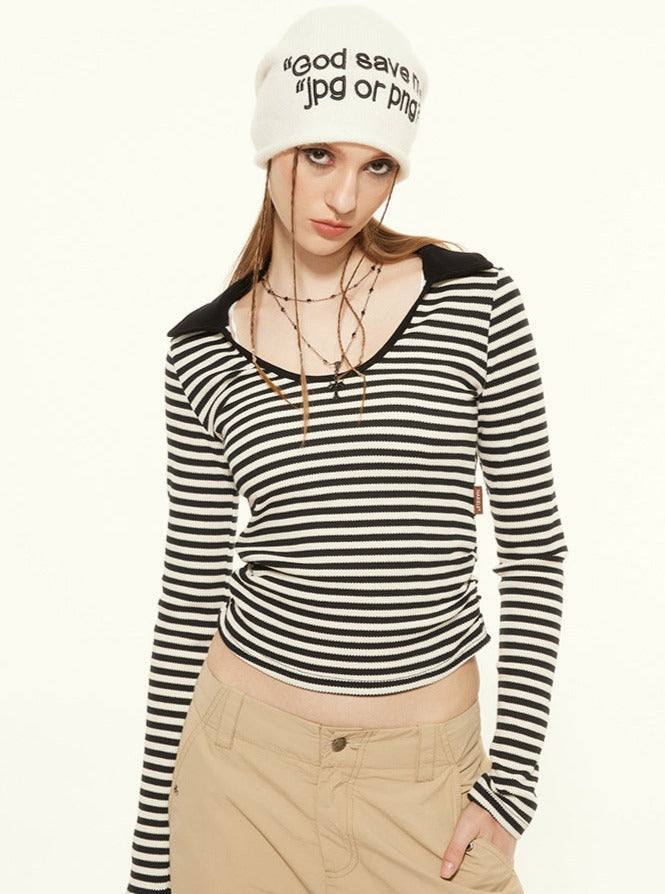 Sexy U-Collar Striped Long-Sleeved Top