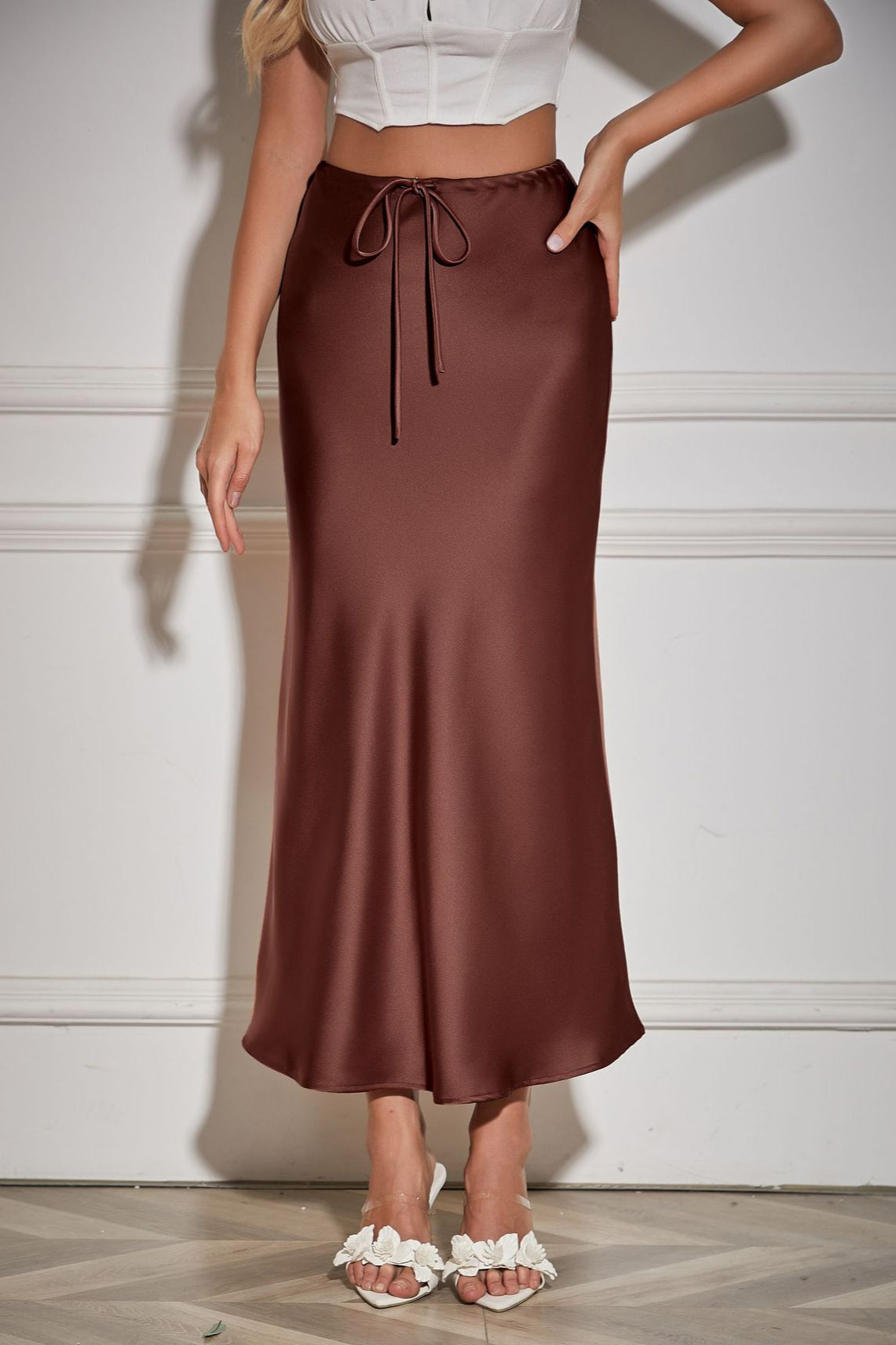 Elegant Mocha Tie Waist Maxi Skirt