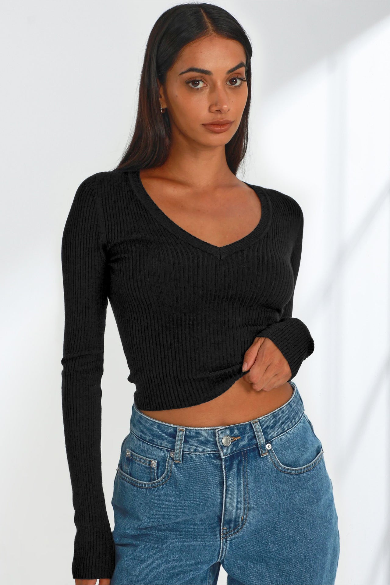 Sexy Cropped Long Sleeve Ribbed V-Neck Shirt