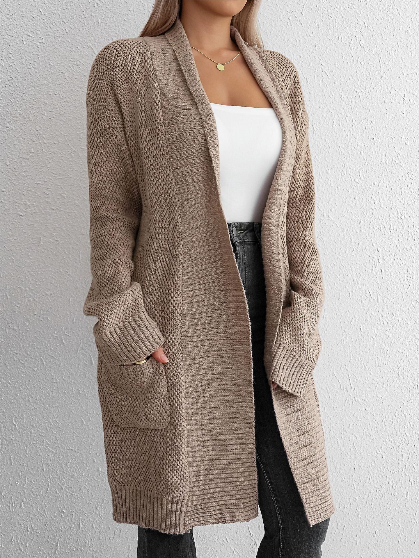 Lange Strickjacke Damen | Casual Cardigan mit Offener Front in Beige, Blau & Grau – Perfekt für Herbst & Winter