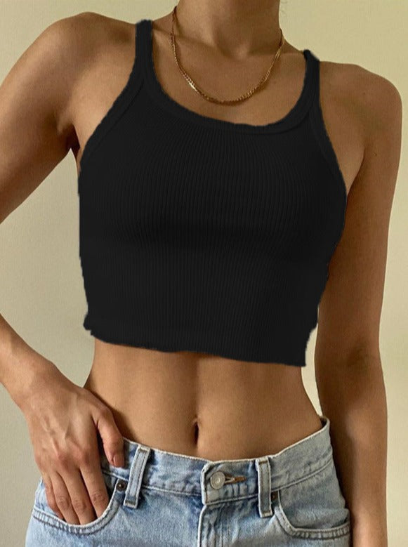 Elegantes Crop Top in Volltonfarbe mit U-Kragen und ohne Ärmel 