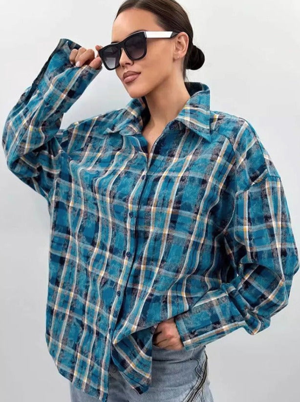 Blue Plaid Long Sleeve Loose Shirt