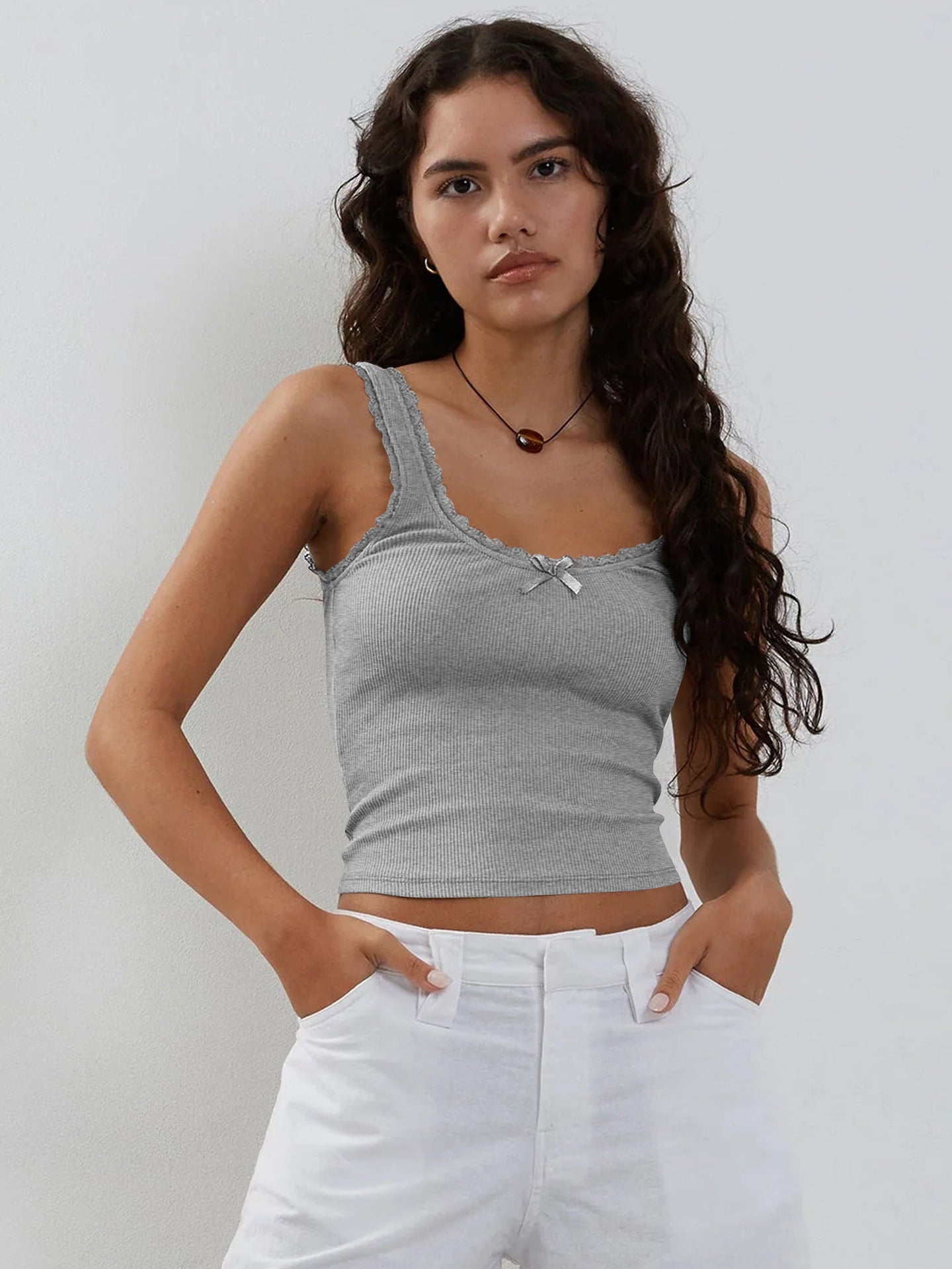 Grey Tank Lace Sleeveless Crop Top