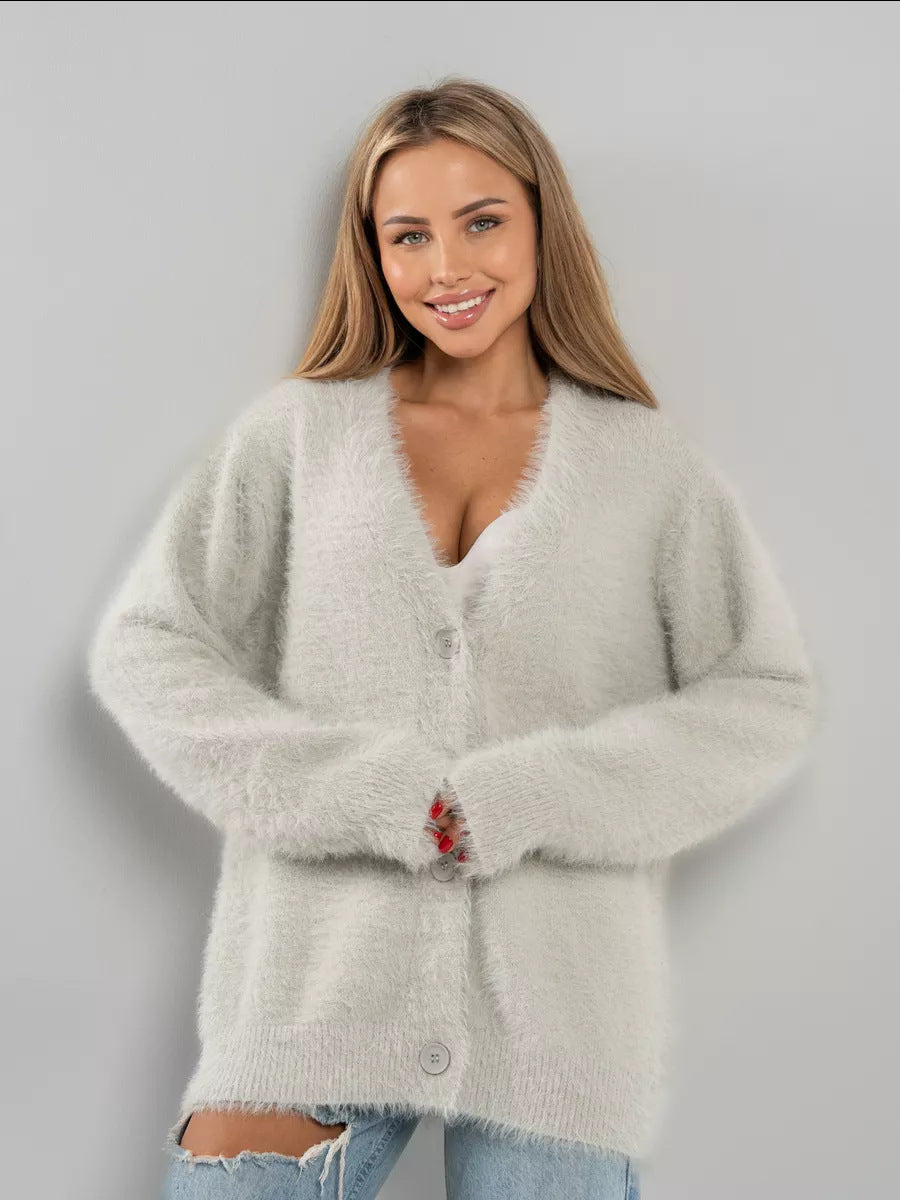 Mohair Cardigan Damen - Weiche Strickjacke mit Knöpfen und V-Ausschnitt