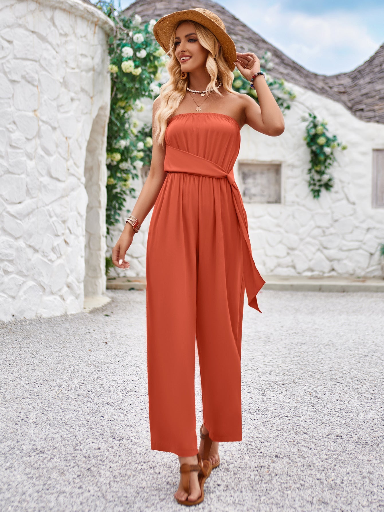 Slim Fit Solid Color Tube Top Jumpsuit