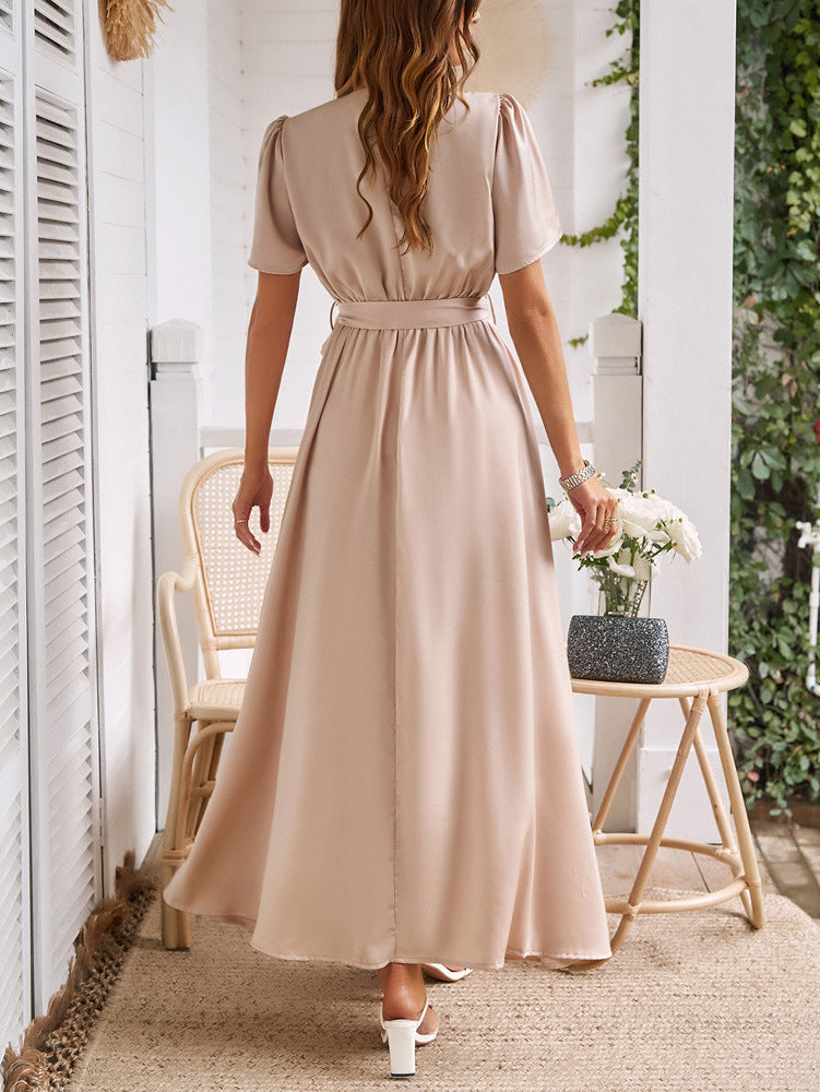 Damen Beige Maxikleid mit Schlitz und Gürtel, Elegantes Kleid Hochzeitsgast, Festliches Kleid mit Kurzarm