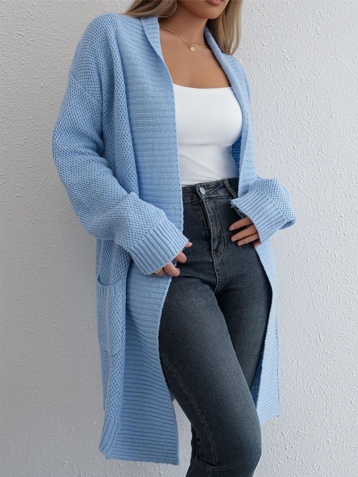 Lange Strickjacke Damen | Casual Cardigan mit Offener Front in Beige, Blau & Grau – Perfekt für Herbst & Winter