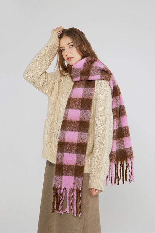 Karierter Schal Damen – Schal Fransen Groß Wollschal Strickschal Winter, Check Pink-Braun