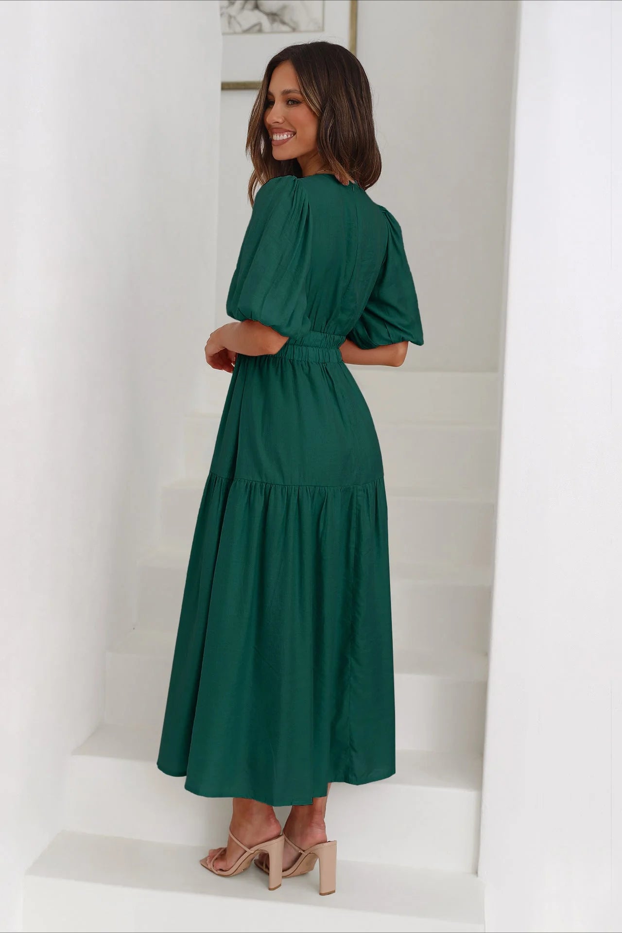 Dark Green Deep V-Neck Puff Sleeve Layered Dress