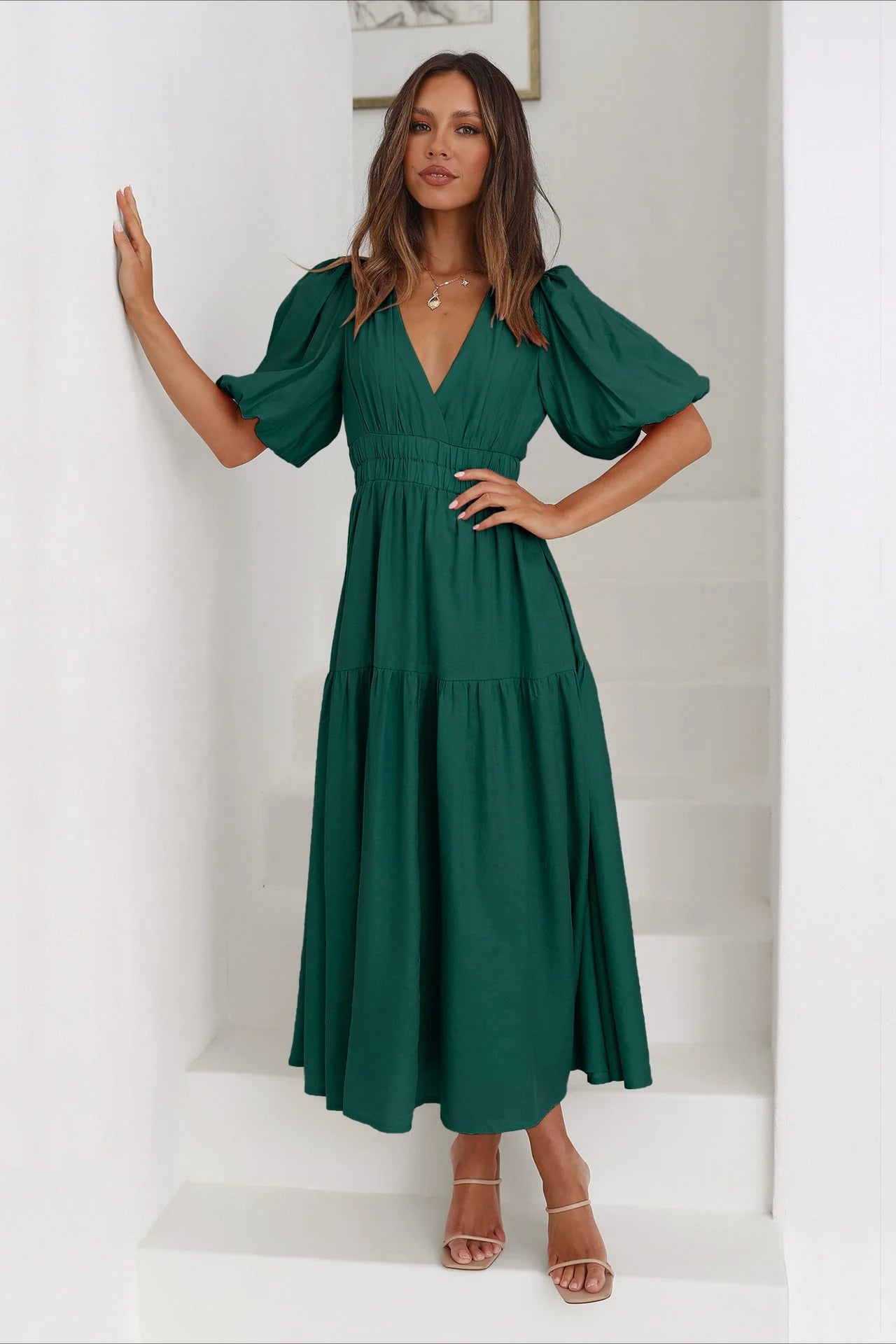 Dark Green Deep V-Neck Puff Sleeve Layered Dress